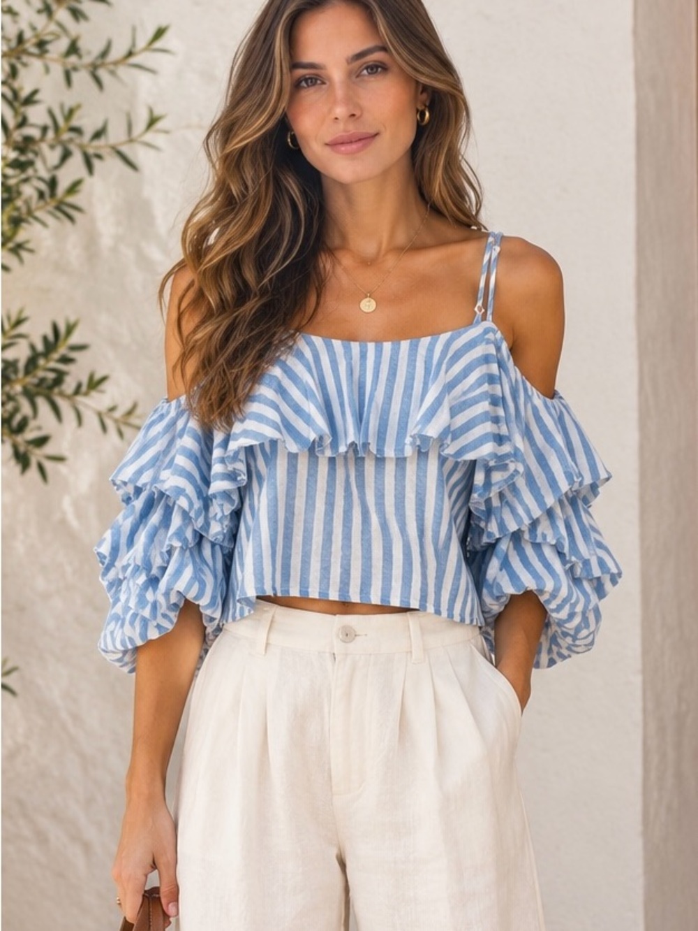 FAVLUX Blue and White Striped Off-Shoulder Ruffle Crop Top